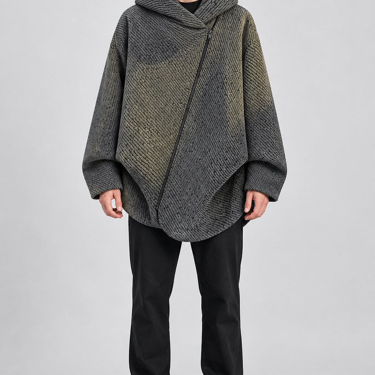 Men's Deconstructed Asymmetric-Zip Hooded Jacket - dark colorblock worn view