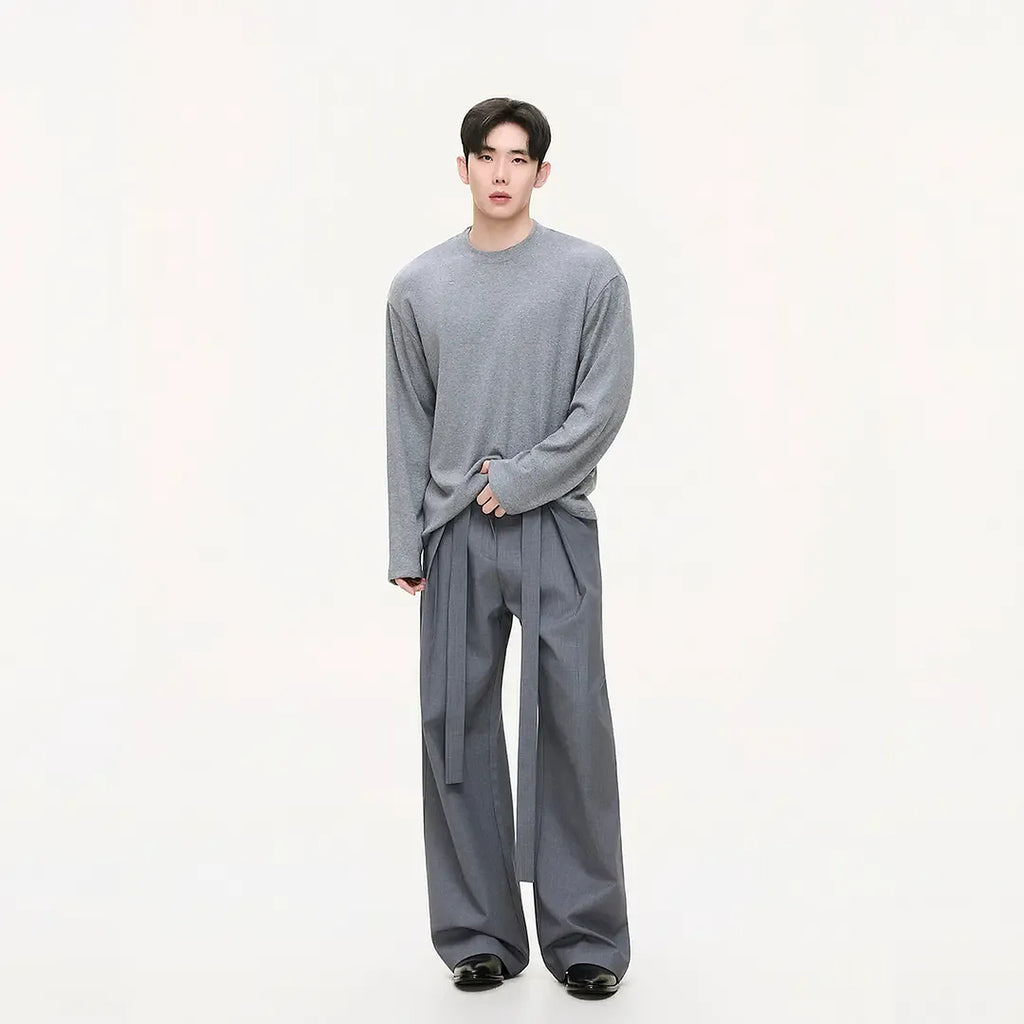 Men's Double-Knit Long-Sleeve Crewneck T-Shirt - gray worn view