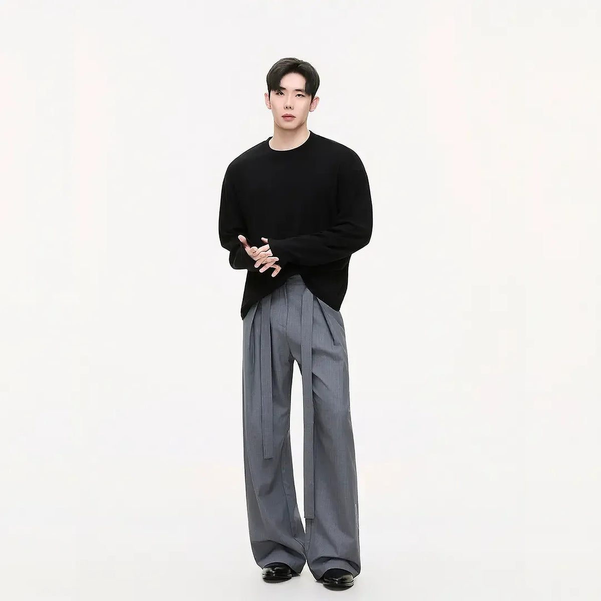 Men's Double-Knit Long-Sleeve Crewneck T-Shirt - black worn view