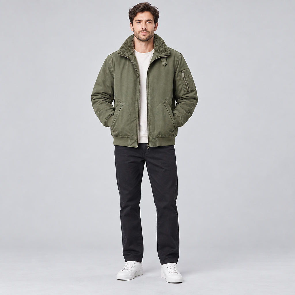 Men's Fleece-Lined Utility Jacket - army green worn view