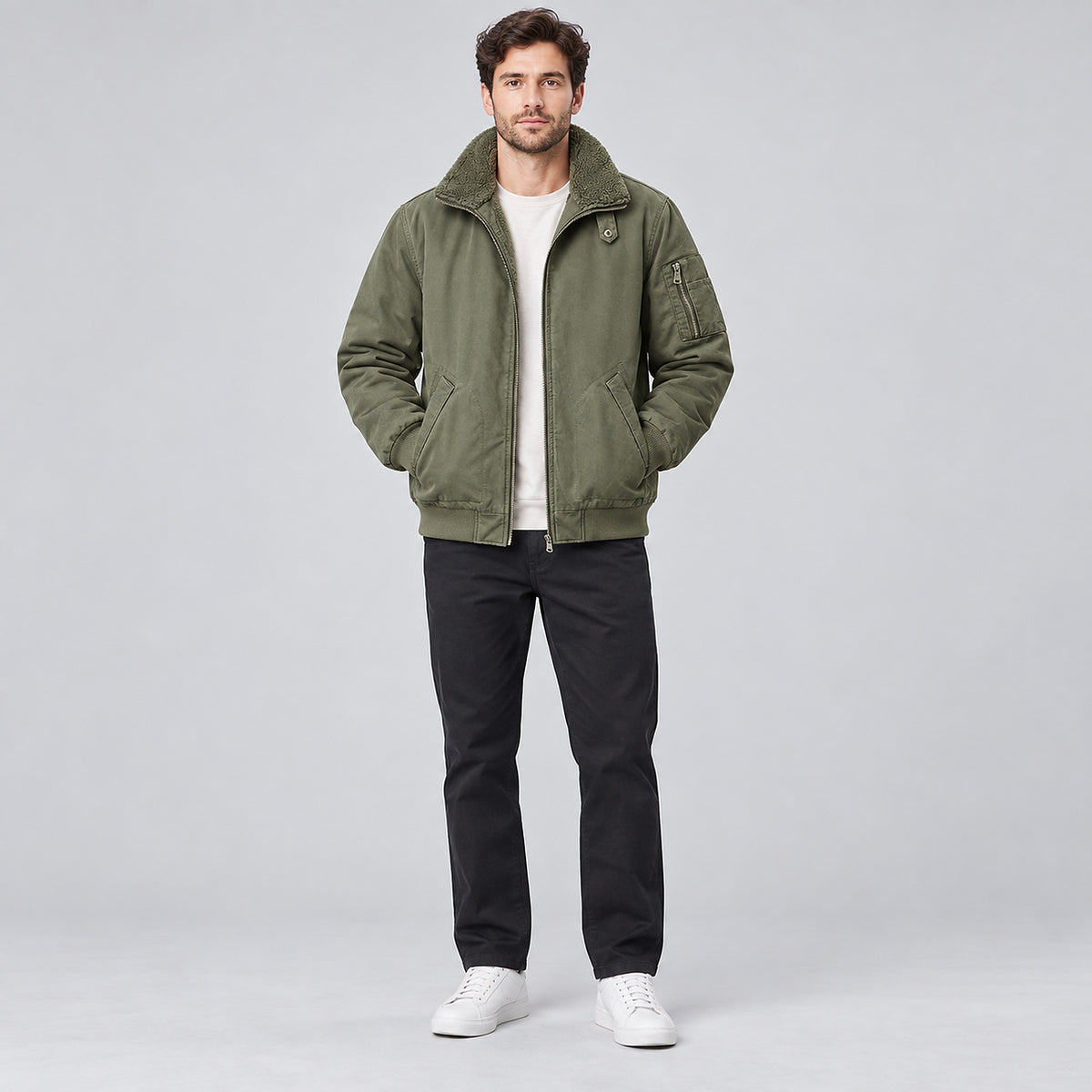 Men's Fleece-Lined Utility Jacket - army green worn view