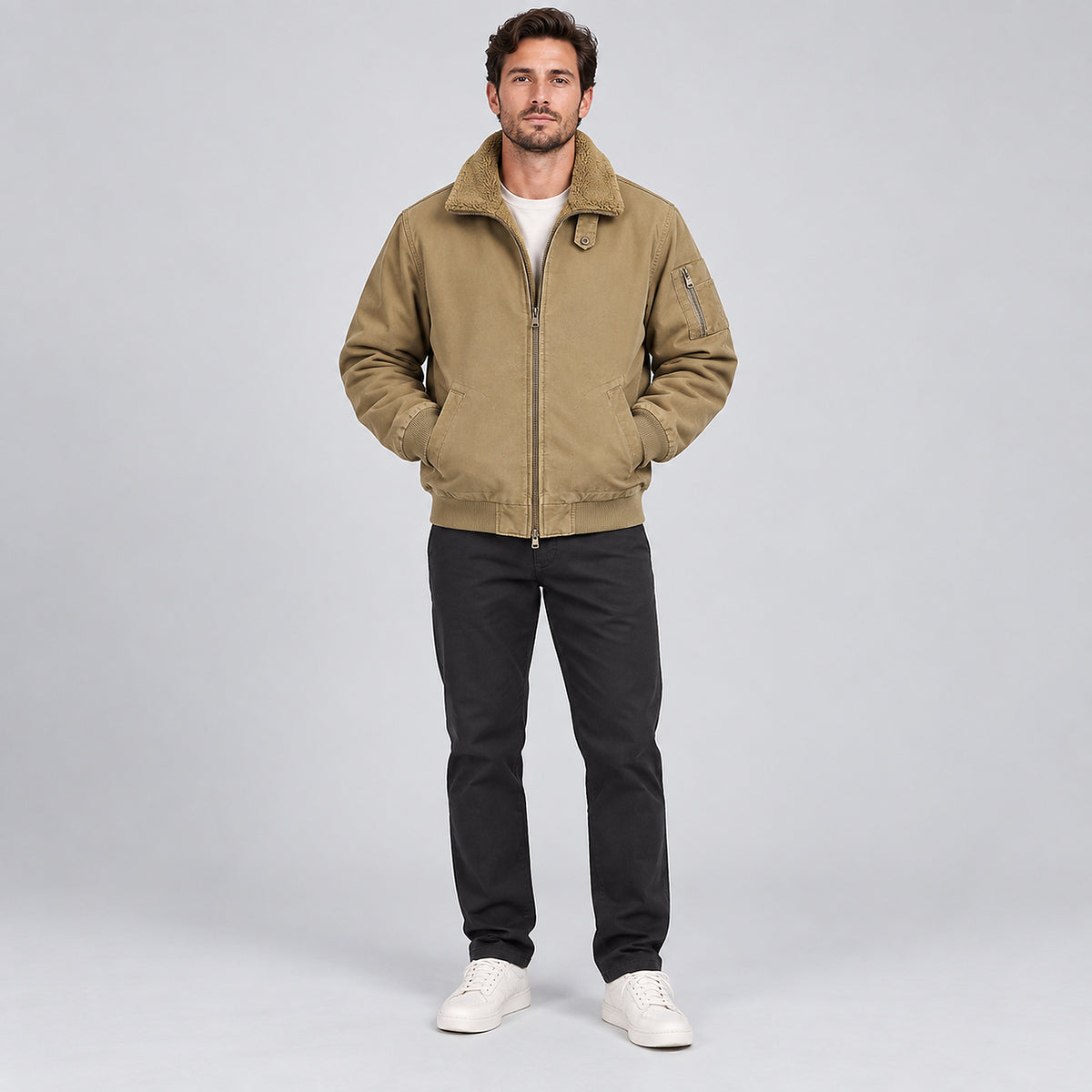 Men's Fleece-Lined Utility Jacket - khaki worn view