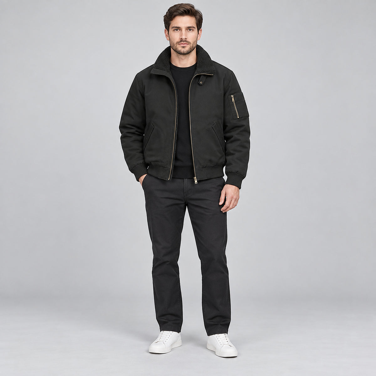Men's Fleece-Lined Utility Jacket - black worn view