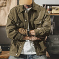 Men's Heavyweight Multi-Pocket Denim Jacket - army green worn view