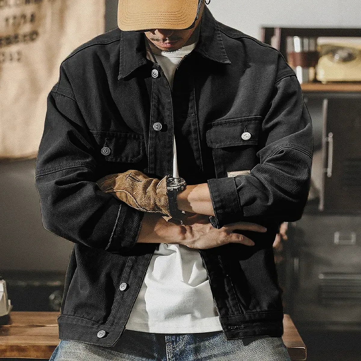 Men's Heavyweight Multi-Pocket Denim Jacket - black worn view