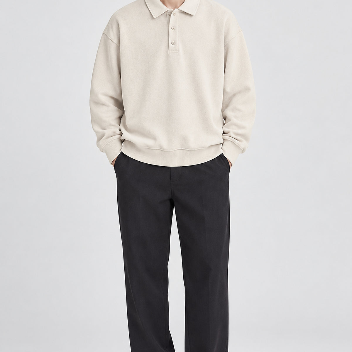 Men's Heavyweight Polo-Collar Sweatshirt - cream worn view