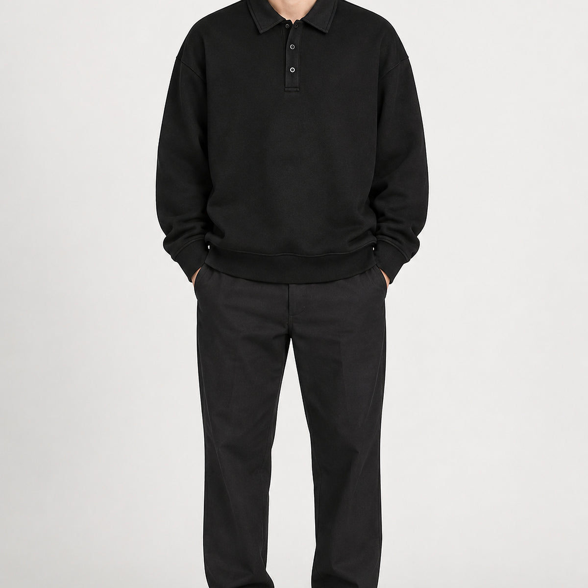 Men's Heavyweight Polo-Collar Sweatshirt - black worn view