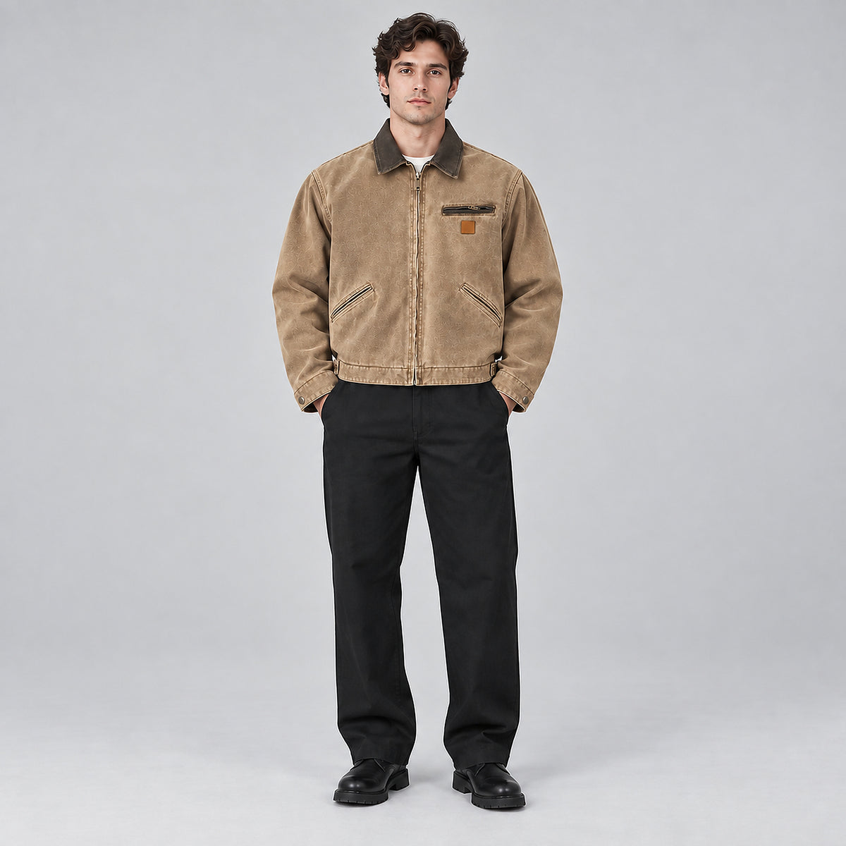 Men's Heavyweight Washed Detroit Work Jacket - khaki worn view