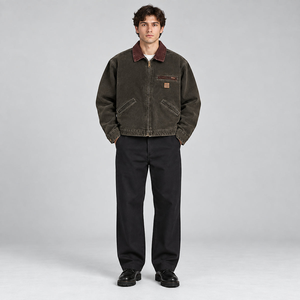 Men's Heavyweight Washed Detroit Work Jacket - dark brown worn view