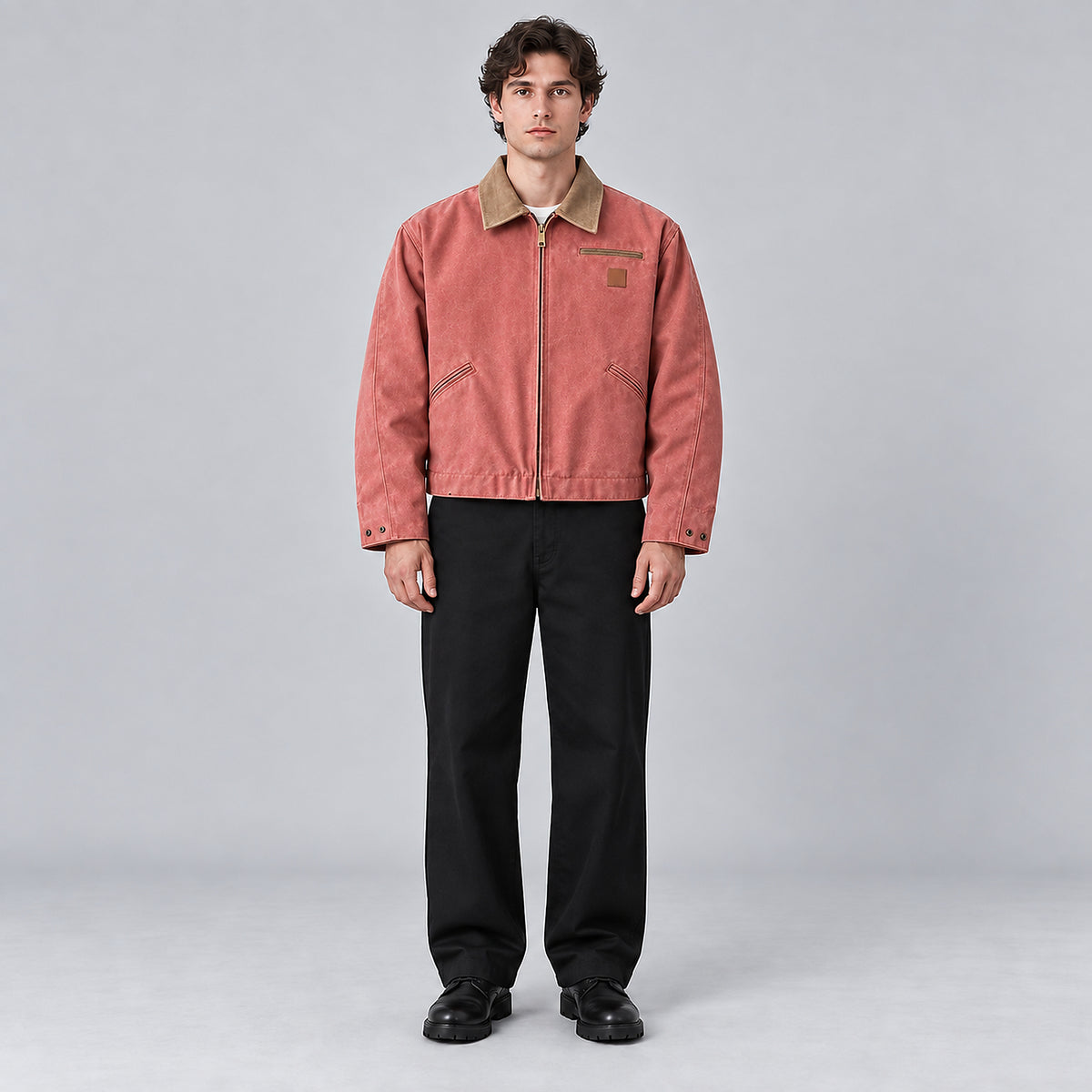 Men's Heavyweight Washed Detroit Work Jacket - pink worn view