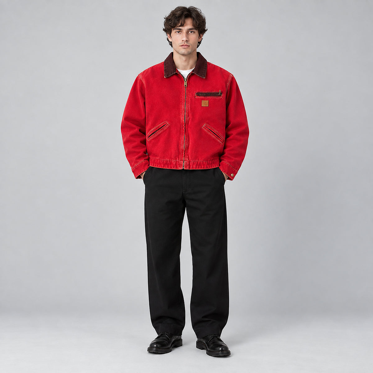 Men's Heavyweight Washed Detroit Work Jacket - red worn view
