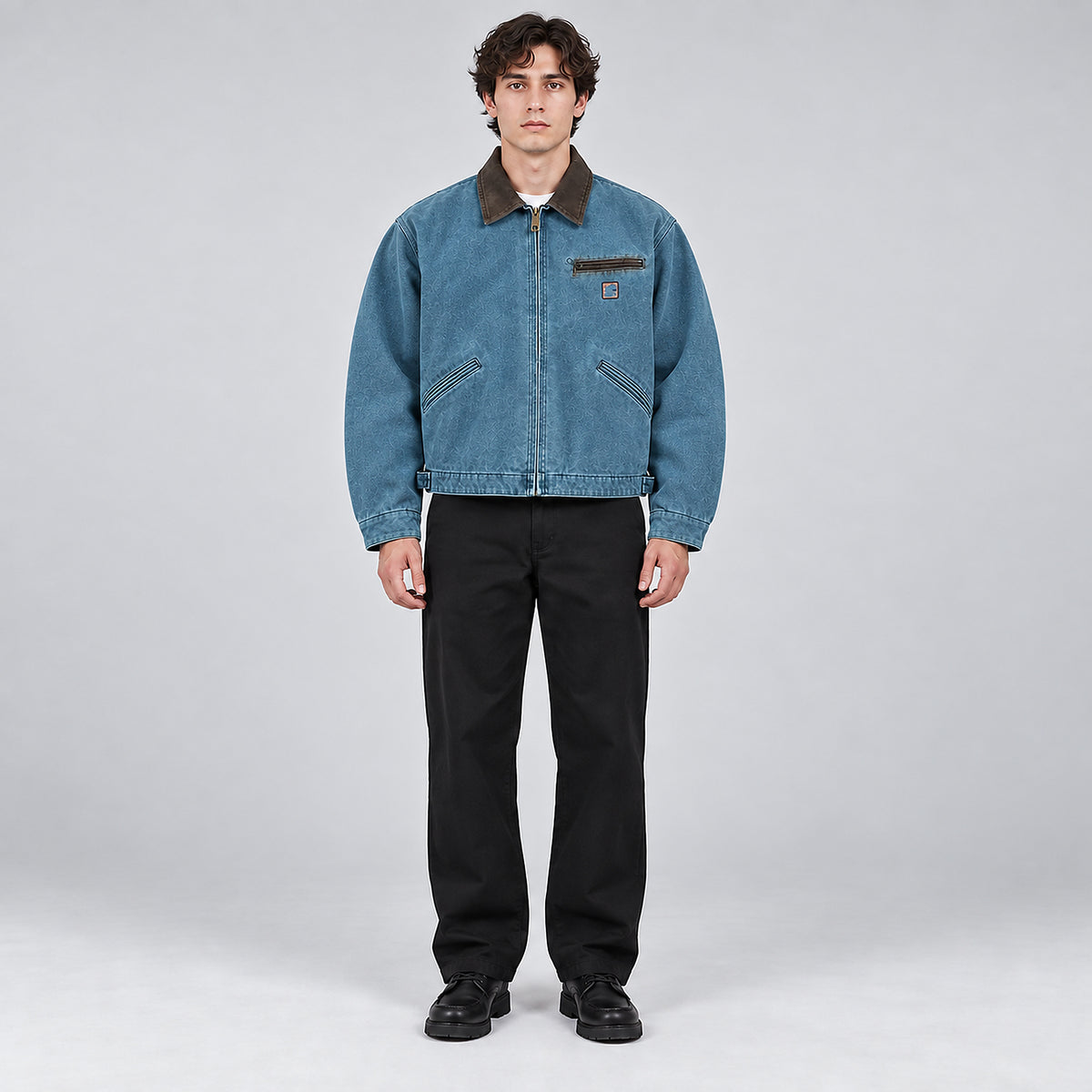 Men's Heavyweight Washed Detroit Work Jacket - blue worn view