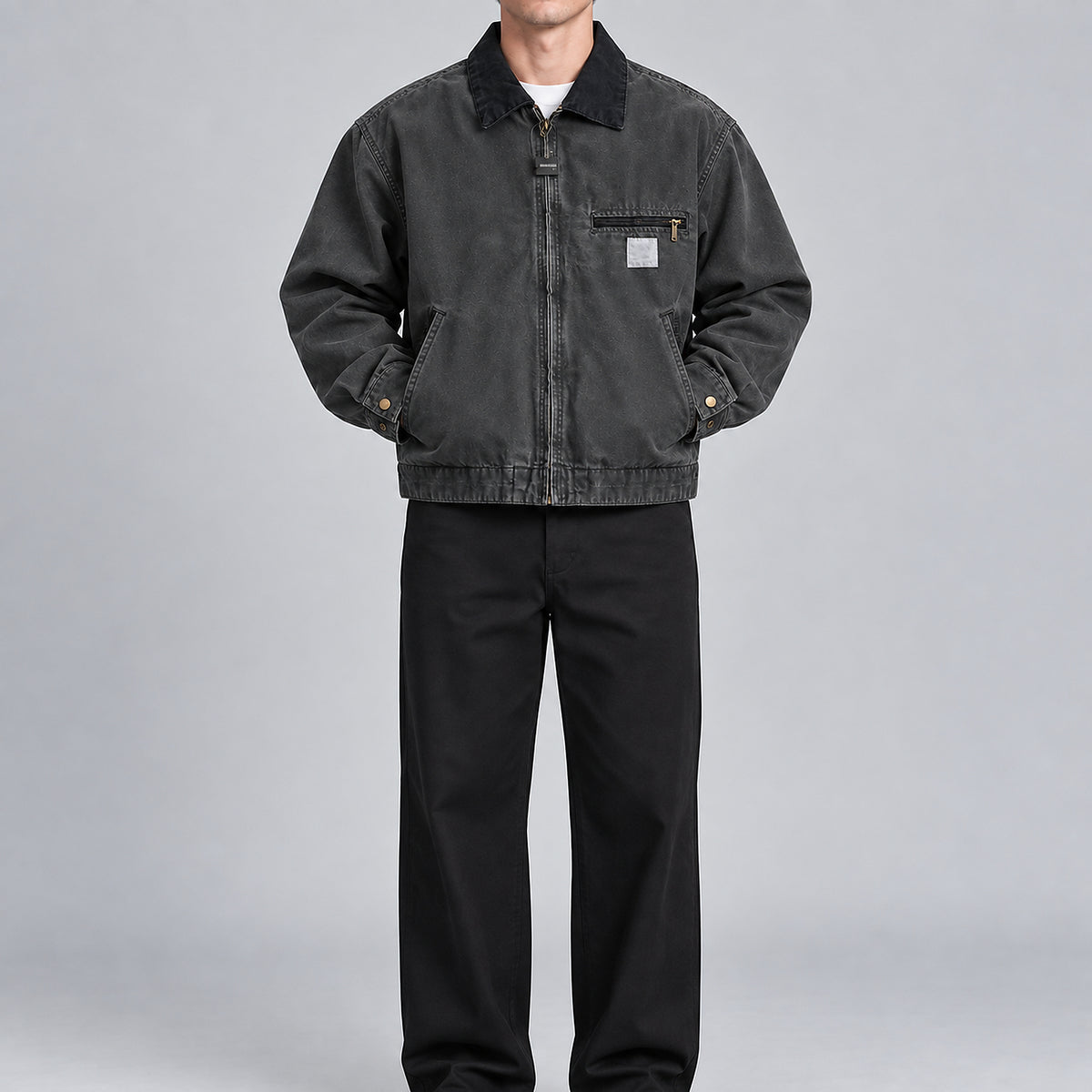 Men's Heavyweight Washed Detroit Work Jacket - black worn view