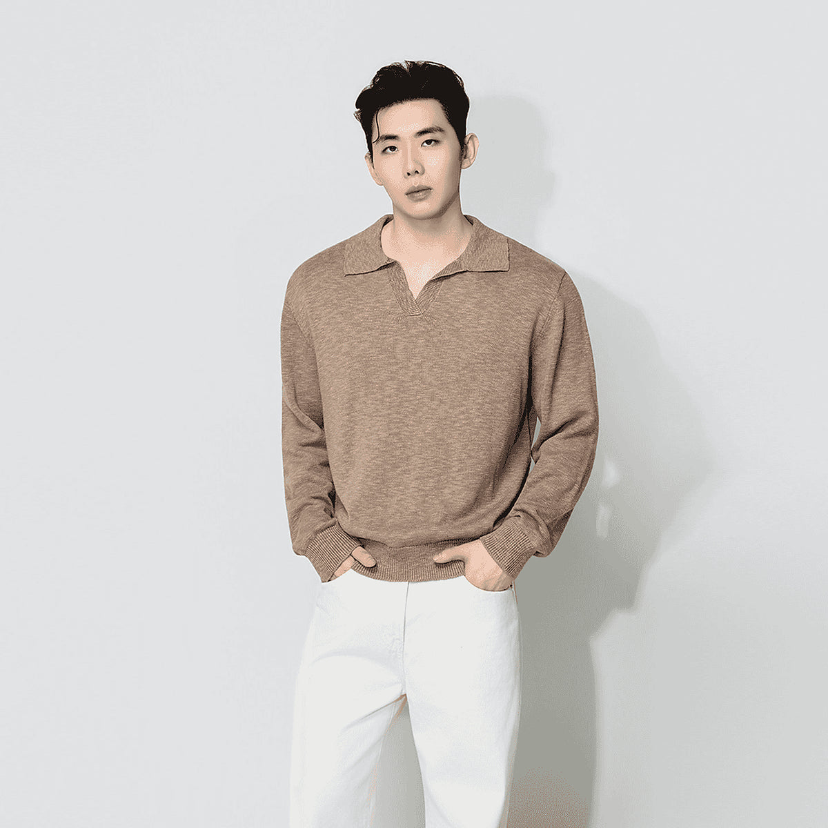 Men's Open-Collar Knit Polo Sweater - coffee brown worn view