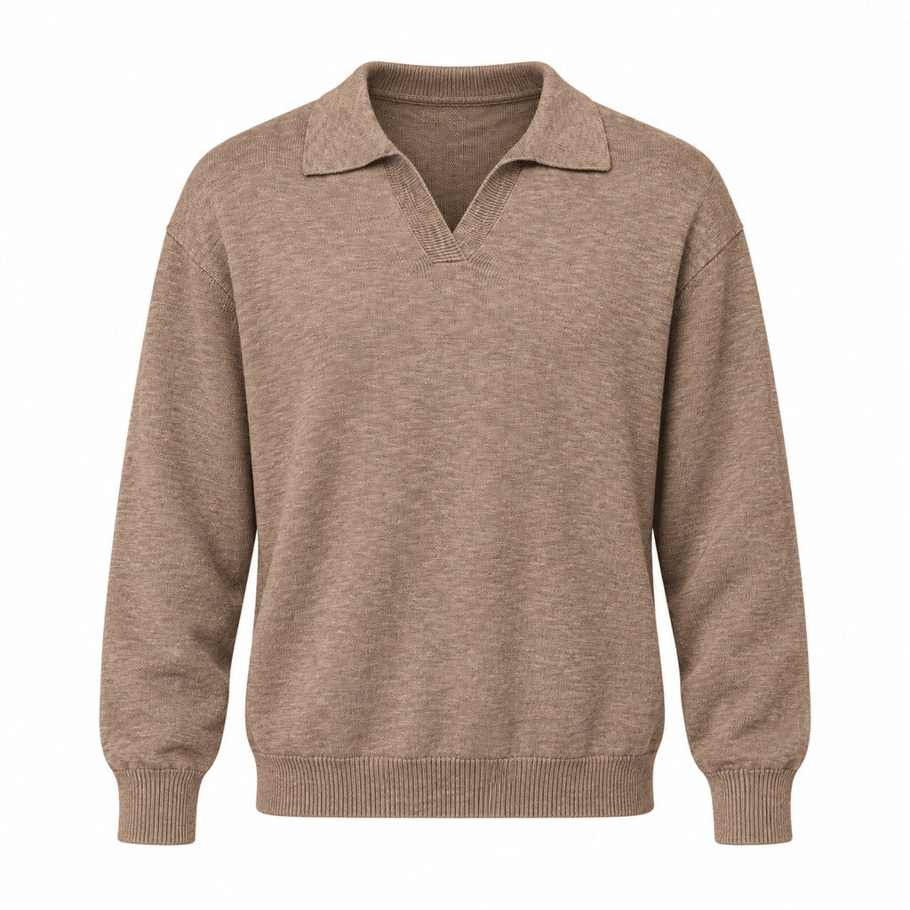 Men's Open-Collar Knit Polo Sweater - coffee brown product view