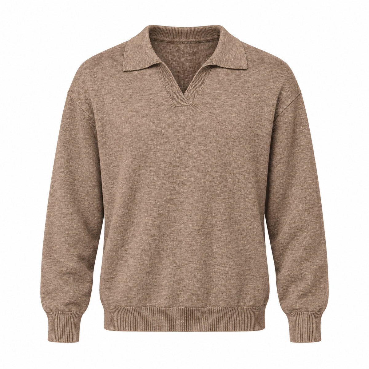 Men's Open-Collar Knit Polo Sweater - coffee brown product view