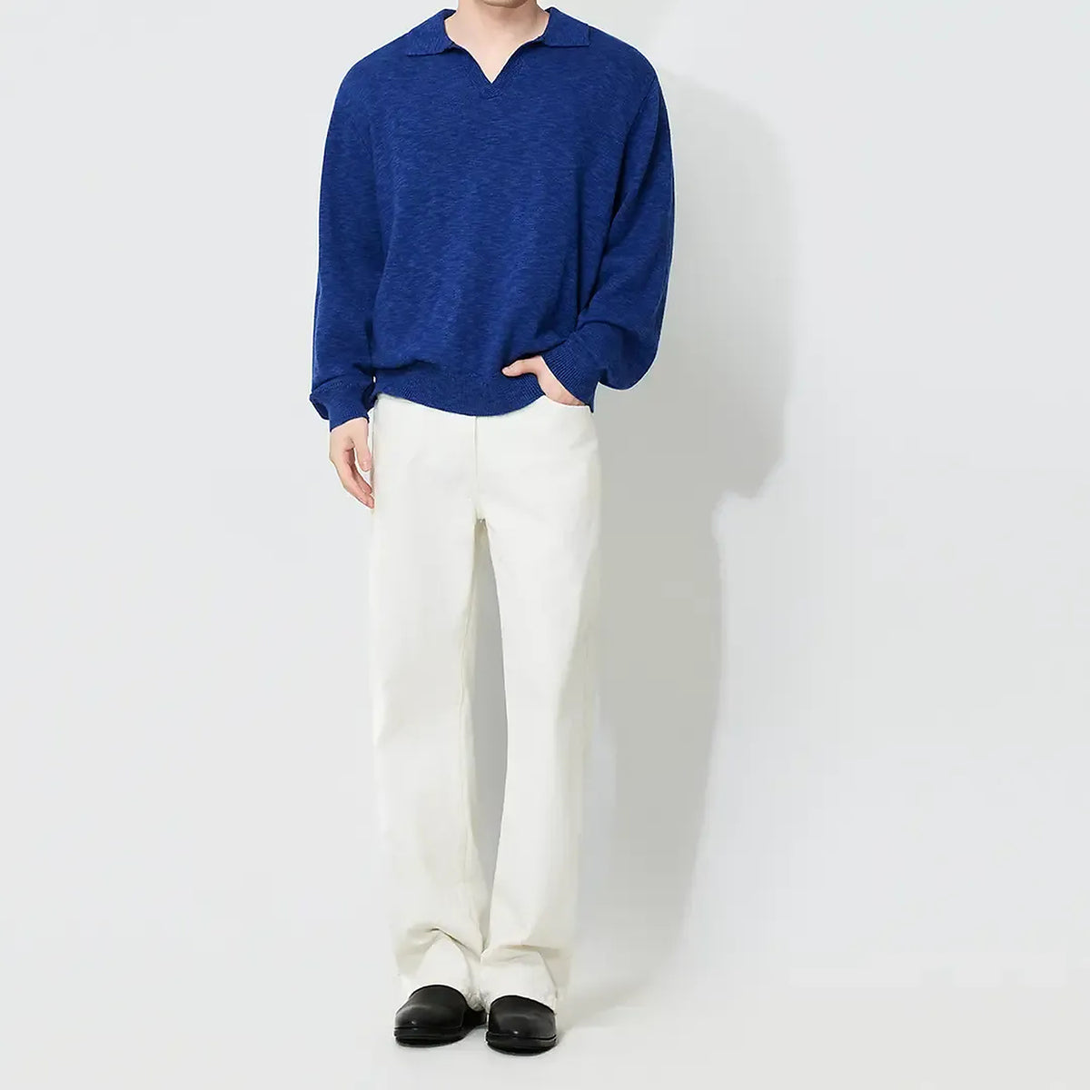 Men's Open-Collar Knit Polo Sweater - blue worn view