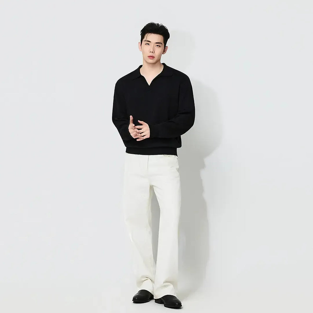 Men's Open-Collar Knit Polo Sweater - black worn view