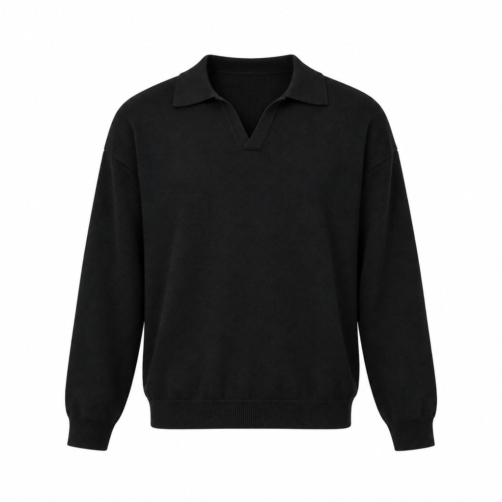 Men's Open-Collar Knit Polo Sweater - black product view