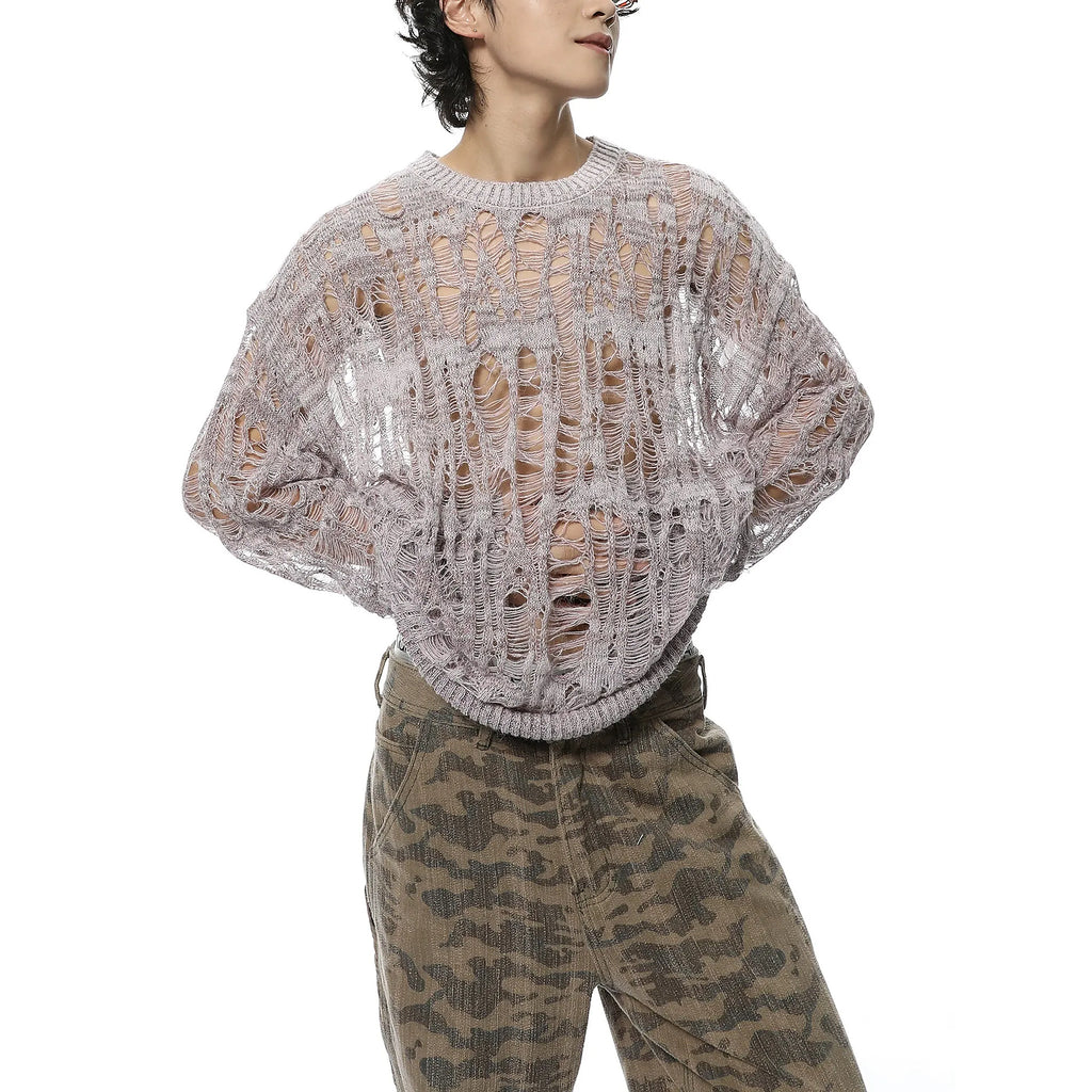Men's Open-Knit Distressed Crewneck Sweater - gray worn view