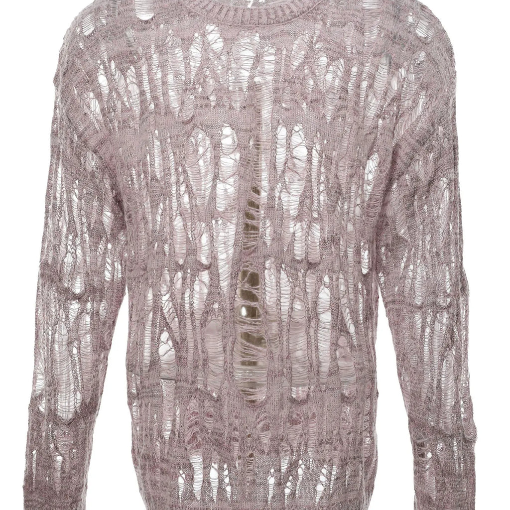 Men's Open-Knit Distressed Crewneck Sweater - gray product view