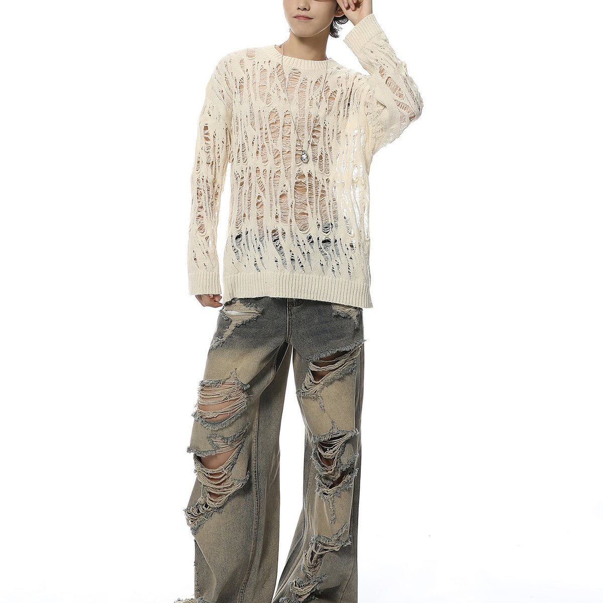 Men's Open-Knit Distressed Crewneck Sweater - cream worn view
