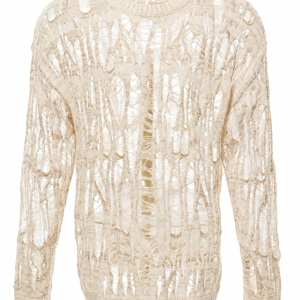Men's Open-Knit Distressed Crewneck Sweater - cream product view