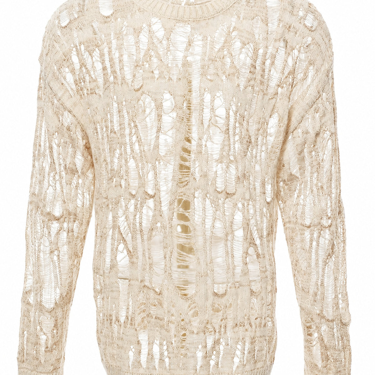Men's Open-Knit Distressed Crewneck Sweater - cream product view