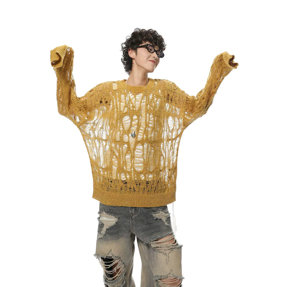Men's Open-Knit Distressed Crewneck Sweater - mustard worn view