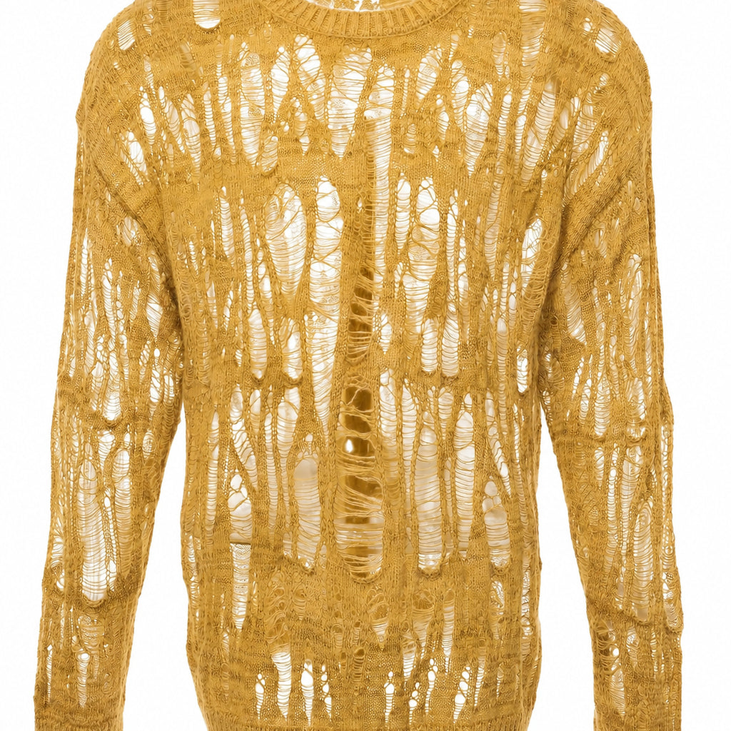 Men's Open-Knit Distressed Crewneck Sweater - mustard product view