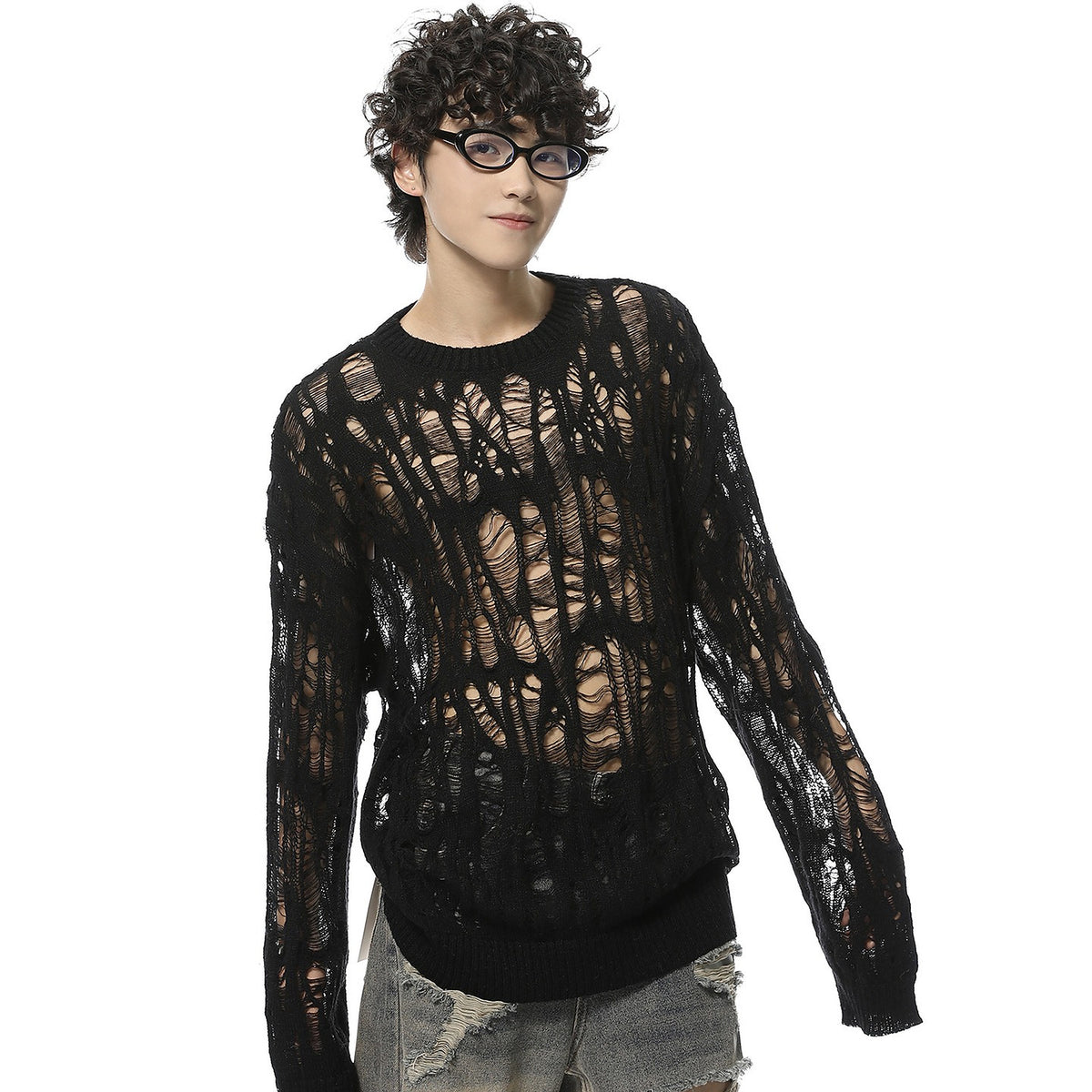 Men's Open-Knit Distressed Crewneck Sweater - black worn view