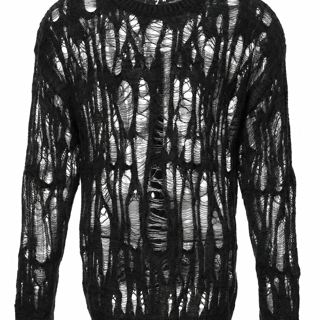 Men's Open-Knit Distressed Crewneck Sweater - black product view