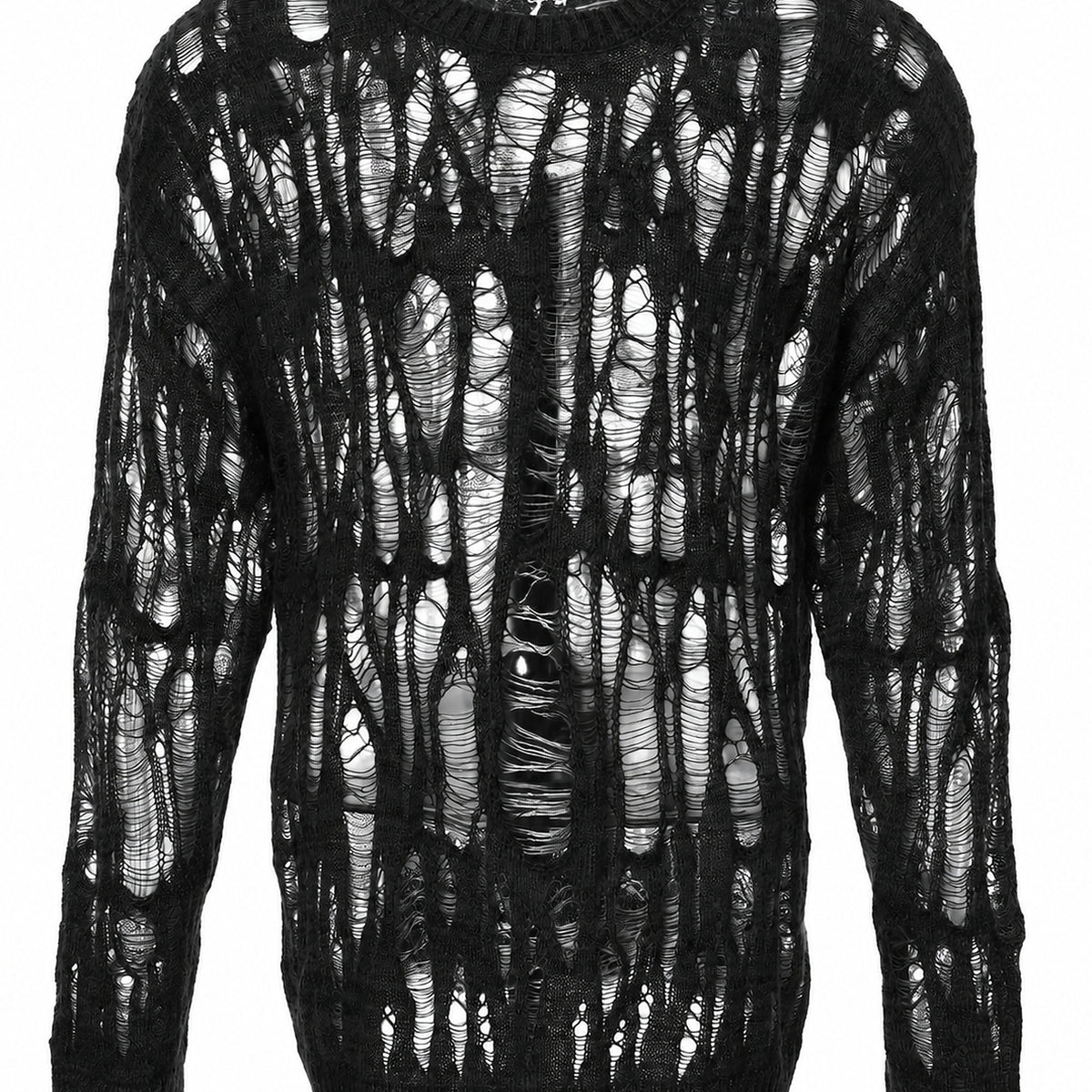 Men's Open-Knit Distressed Crewneck Sweater - black product view