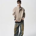 Men's Padded Stand-Collar Bomber Jacket - beige worn view
