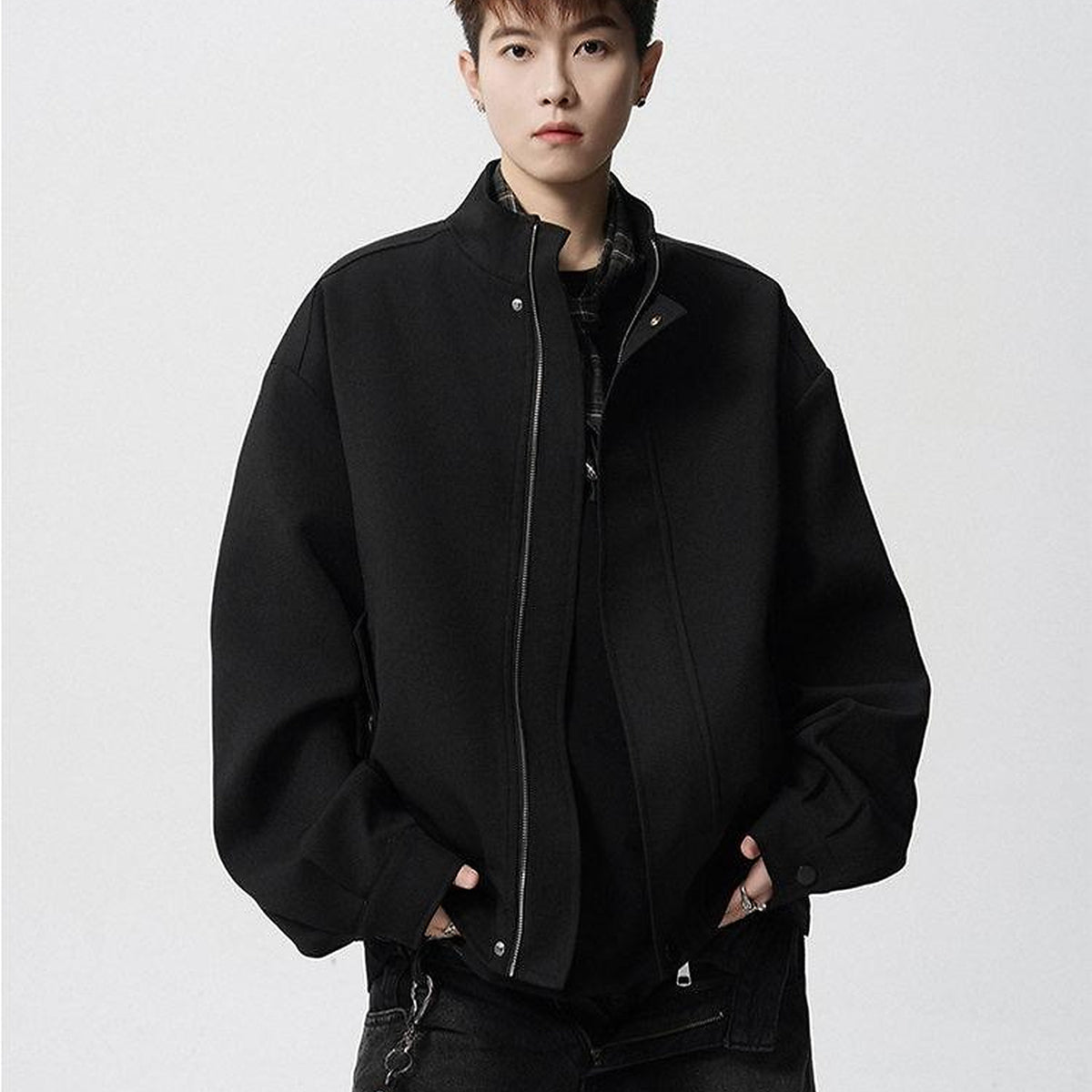 Men's Padded Stand-Collar Bomber Jacket - black worn view