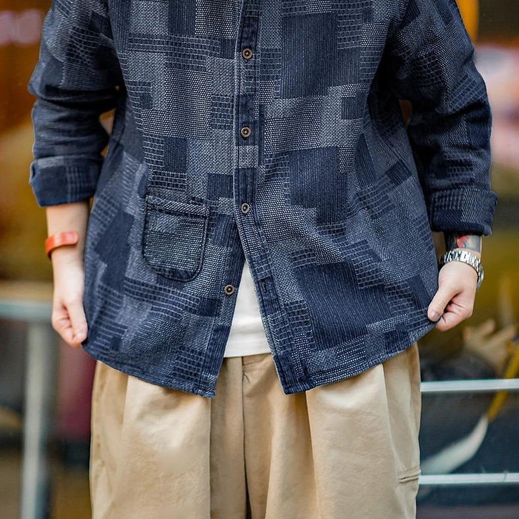 Men's Patchwork-Texture Button-Up Overshirt - blue worn view