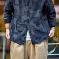 Men's Patchwork-Texture Button-Up Overshirt - blue worn view