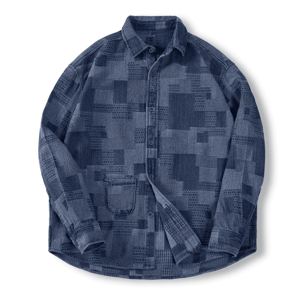 Men's Patchwork-Texture Button-Up Overshirt - blue product view