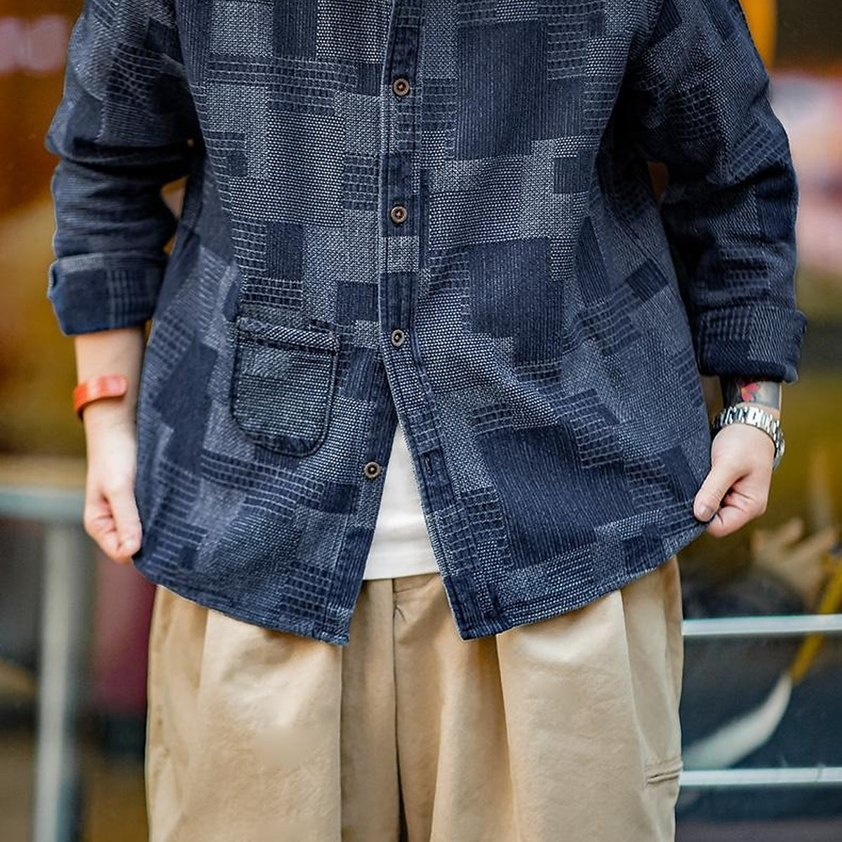 Men's Patchwork-Texture Button-Up Overshirt - detail reference