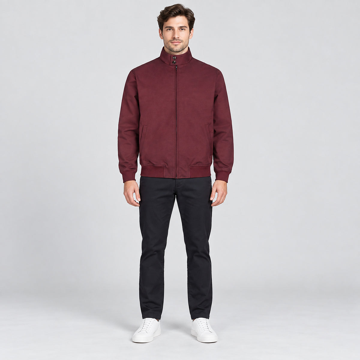 Men's Printed Stand-Collar Zip Jacket - burgundy worn view