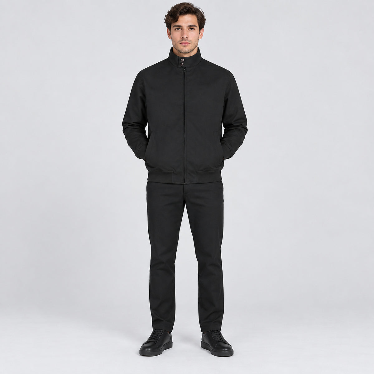Men's Printed Stand-Collar Zip Jacket - black worn view