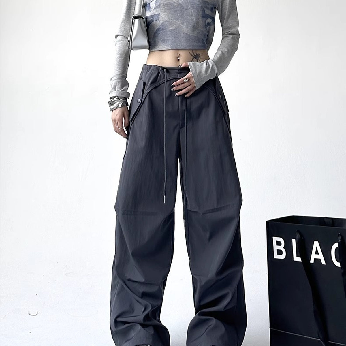 Men's Relaxed Wide-Leg Utility Pants - charcoal worn view