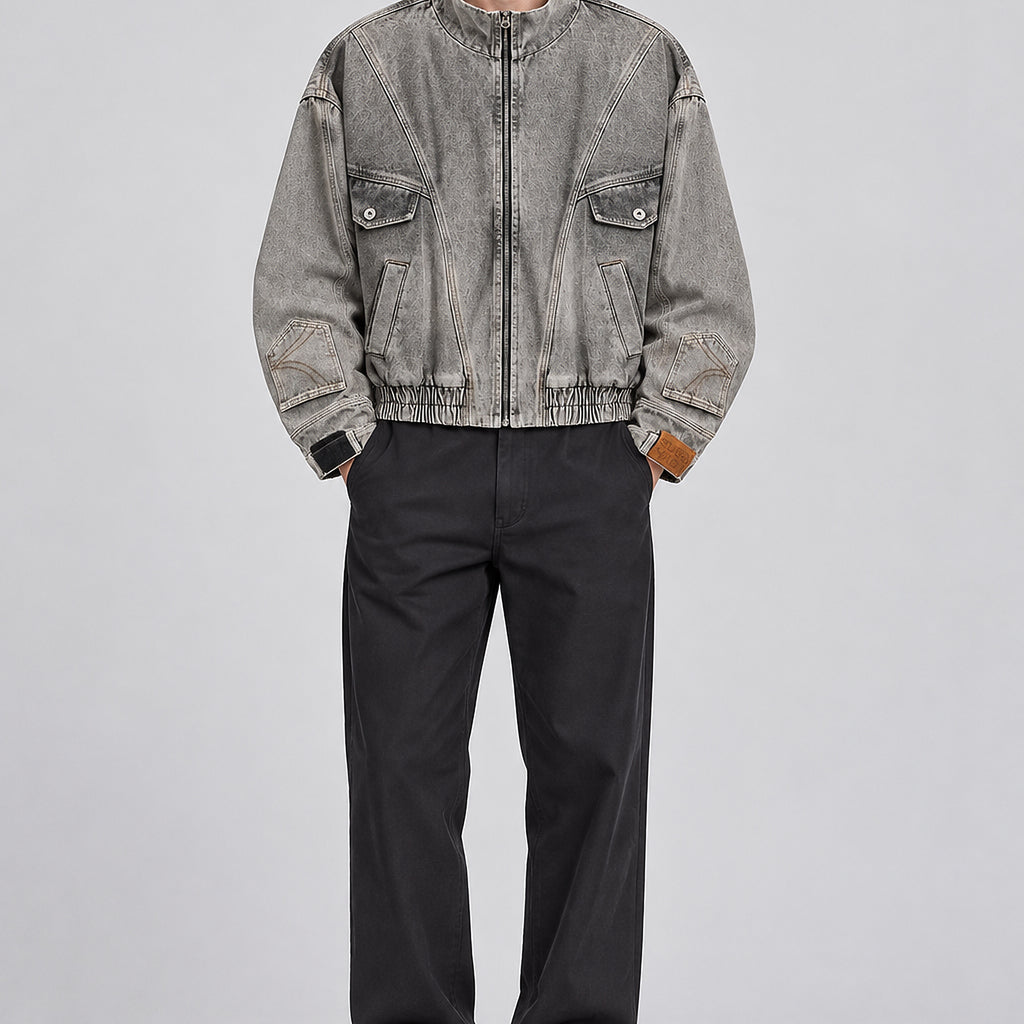 Men's Washed Oversized Denim Jacket with Exposed Seams - gray worn view