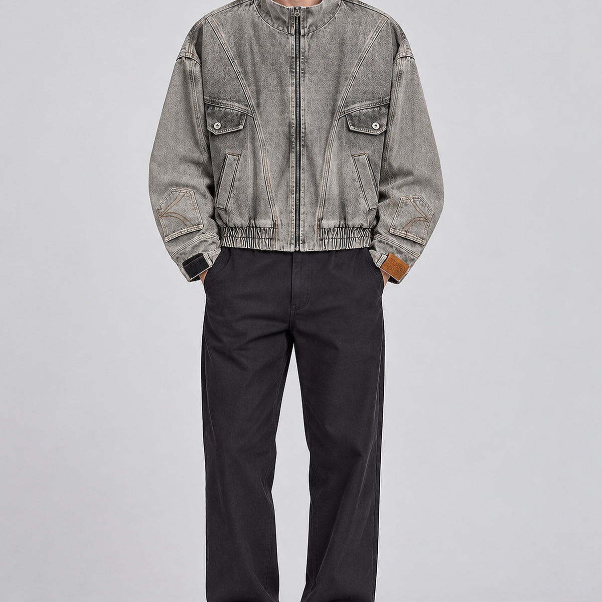 Men's Washed Oversized Denim Jacket with Exposed Seams - gray worn view