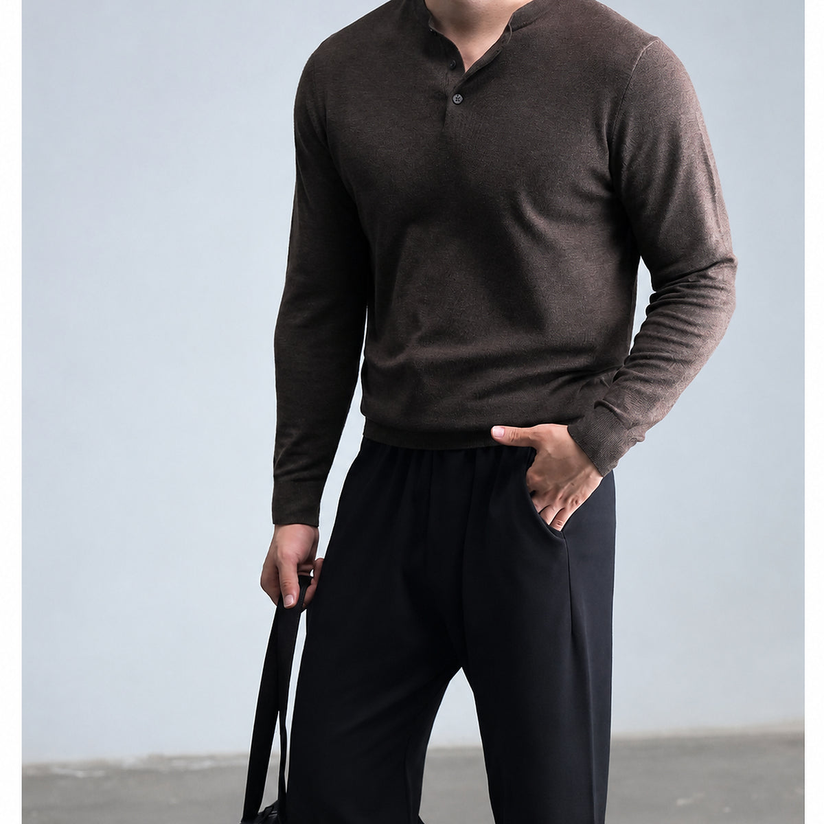 Men's Wool-Blend Henley Knit Sweater - brown worn view