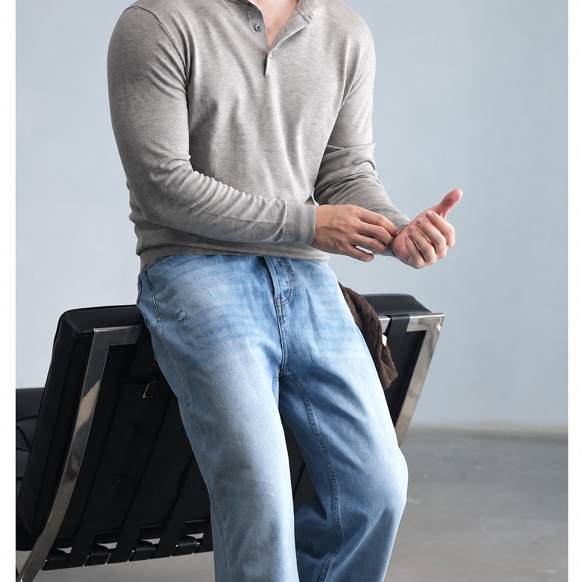 Men's Wool-Blend Henley Knit Sweater - gray worn view