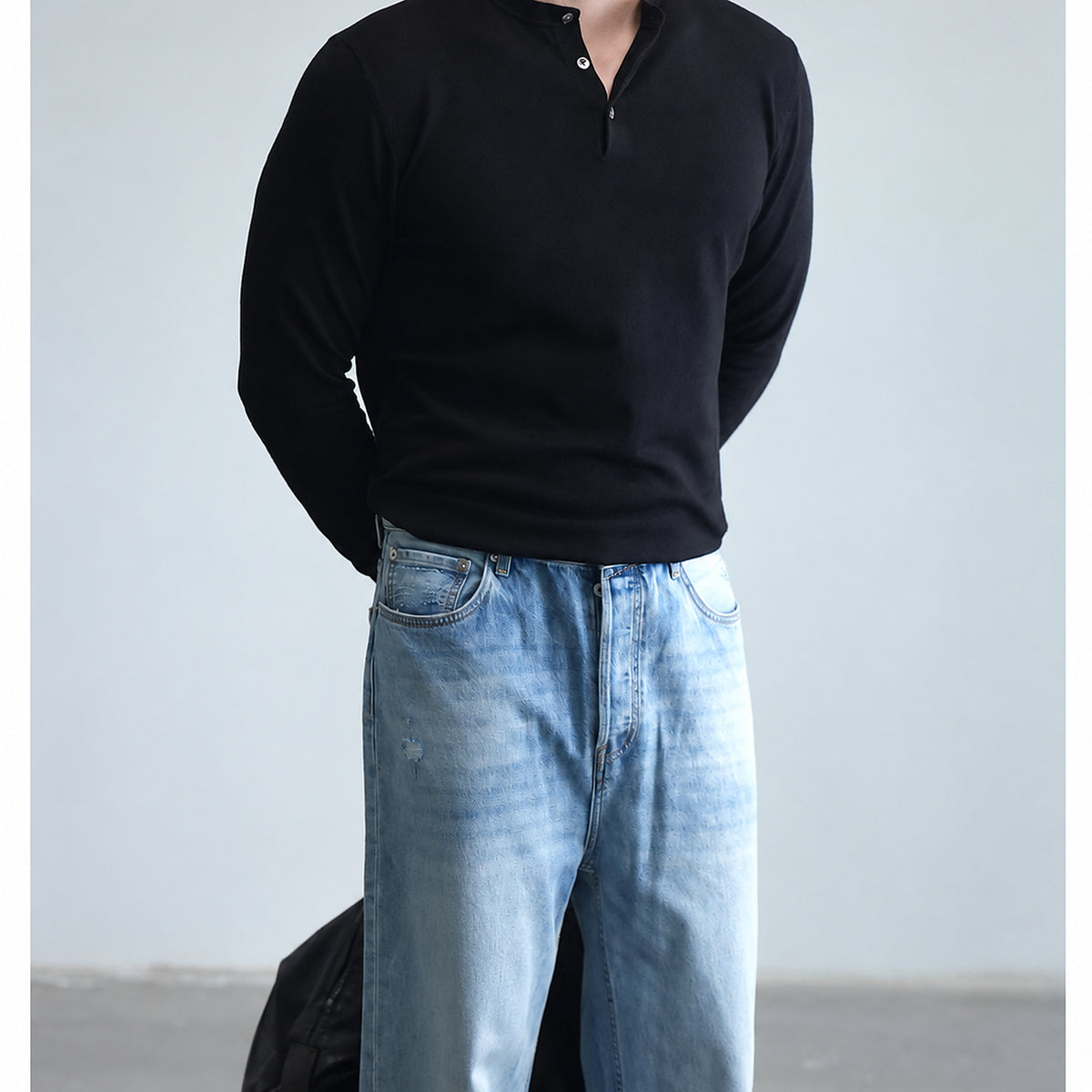 Men's Wool-Blend Henley Knit Sweater - black worn view