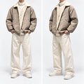 Men's Boxy Faux-Suede Shearling-Collar Puffer Jacket in beige - worn view