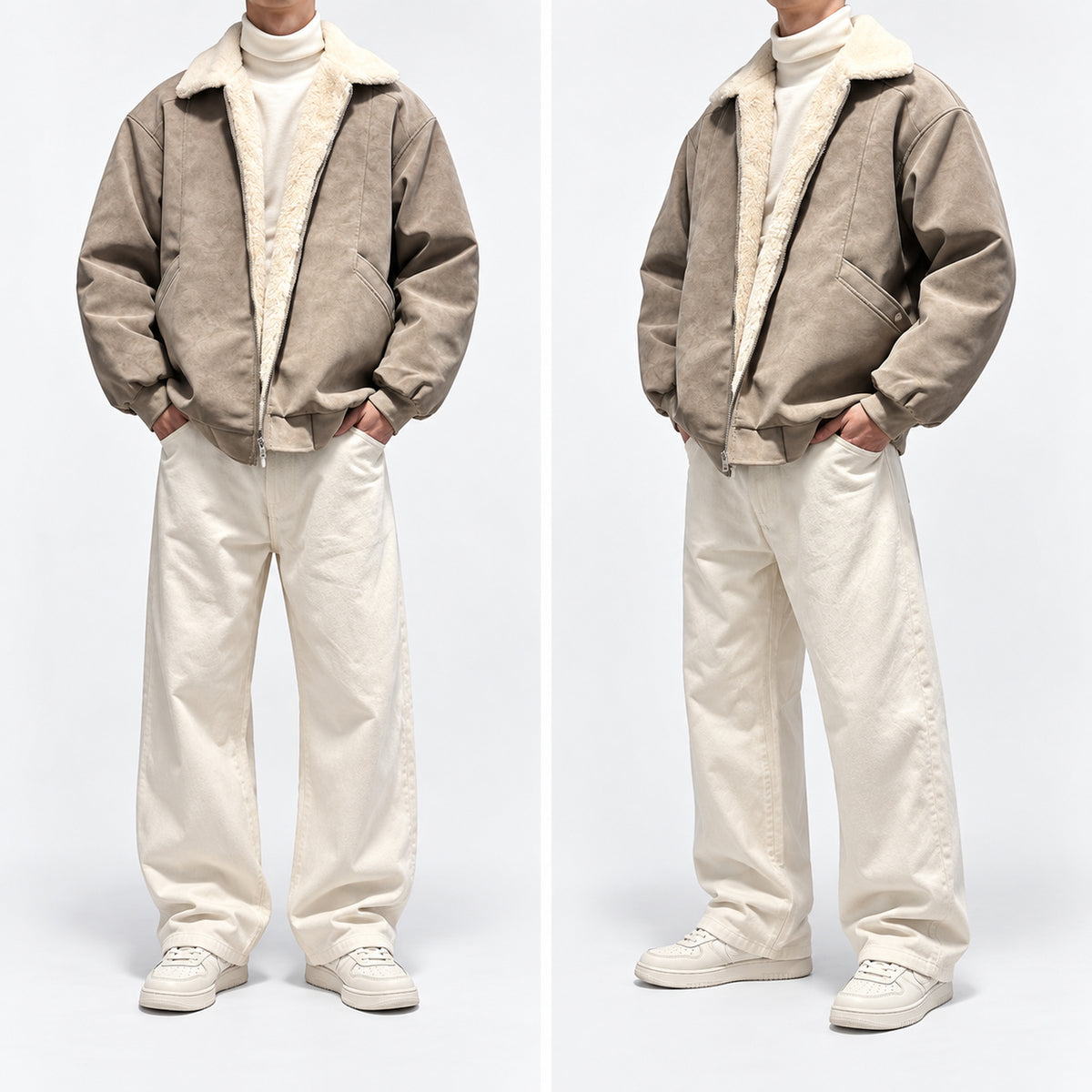 Men's Boxy Faux-Suede Shearling-Collar Puffer Jacket in beige - worn view