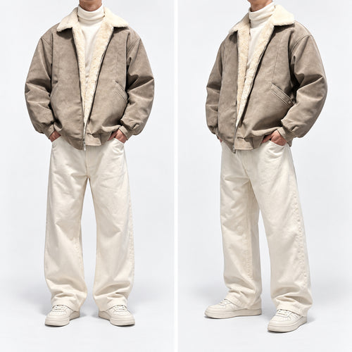 Men's Boxy Faux-Suede Shearling-Collar Puffer Jacket in beige - worn view